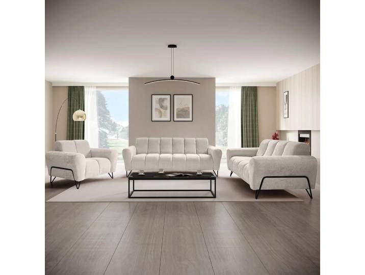 Polsterset VOLARE - Moderner Sitzgarnitur - Sessel + Sofa 2-Sitzer & 3-Sitzer - Chenille Storm in Creme, dekorative schwarze Metallbeine