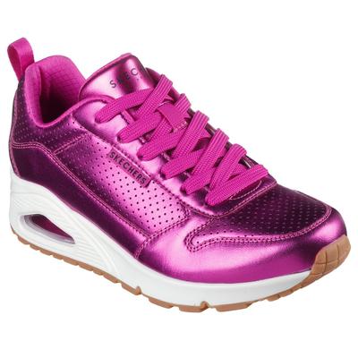 Sneaker SKECHERS "UNO-METALLIXS", Damen, Gr. 39, Textil, pink (magenta), Leder, metallic, Schuhe Sneaker, Keilsneaker, Plateausneaker, Schnürschuh, Halbschuh im Metallic-Look