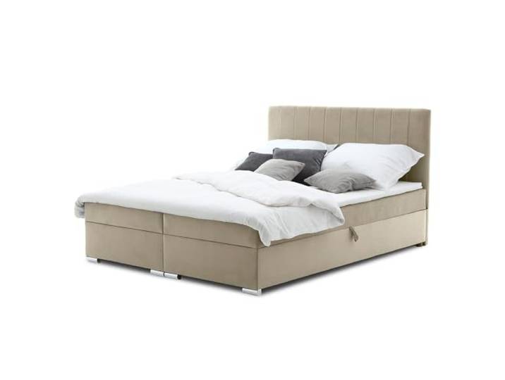 Mebligo Boxspringbett 160x200 mit Bettkasten und Kopfteil, Doppelbett mit Bonell-Matratze und Topper, Polsterbett, Boxspringbett Beige - ELMA Serie