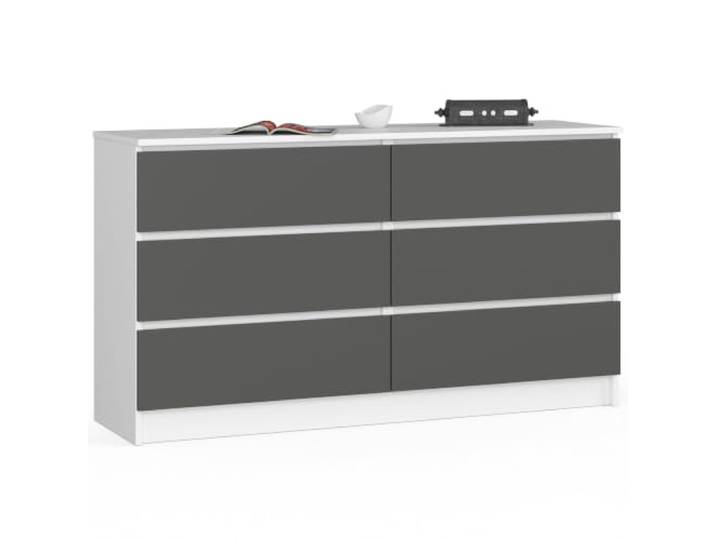 AKORD Kommode K140 138 cm, 6 Schubladen, Weiß - Graphitgrau 138 x 77 x 40 cm Sideboard für Wohnzimmer, Schlafzimmermöbel, Kommodenschrank für Arbeitszimmer & Büro