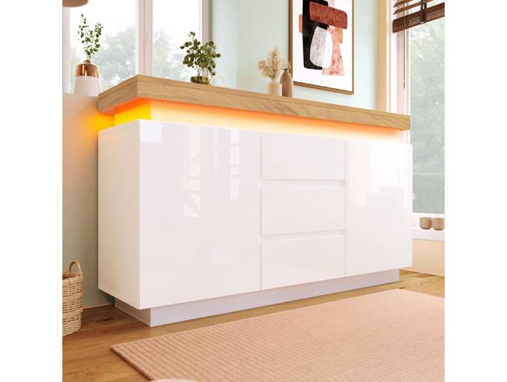 Buffet blanc brillant avec 2 portes 3 tiroirs et éclairage LED
