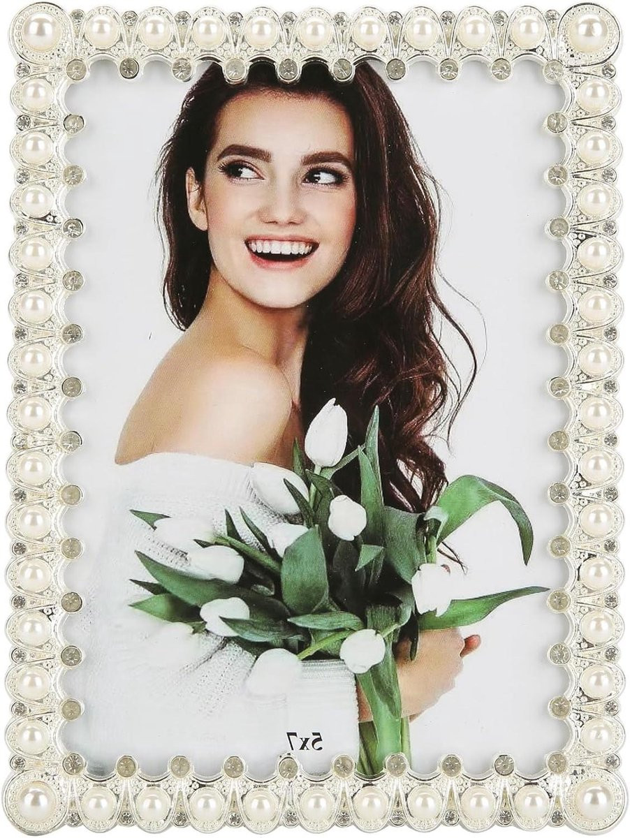 Wit Fotolijst Parel met Kristallen - Vintage Decoratie - 5x7 Inch