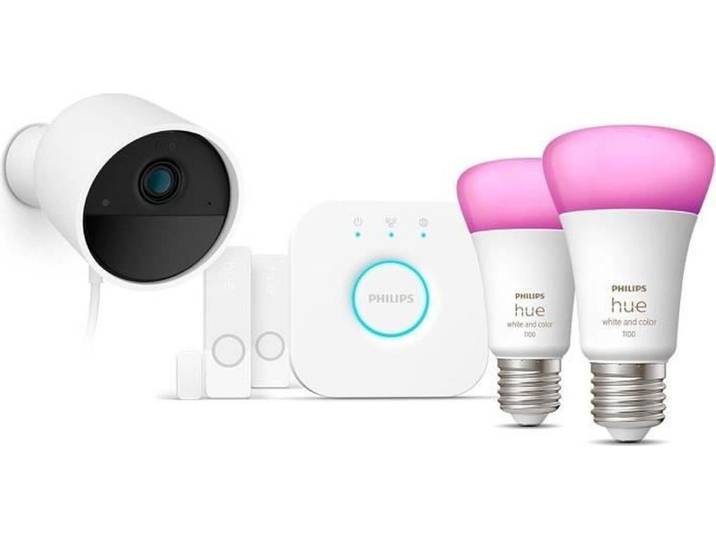 Kit de démarrage Philips Hue Secure : 1 caméra filaire + 2 capteurs de contact + 2 ampoules connectées + 1 pont
