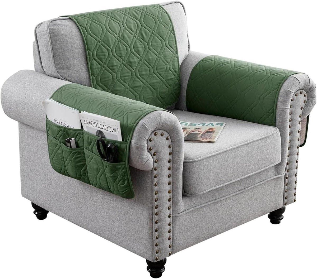 Groene beschermhoes voor 2-zits fauteuil en bank met 6 opbergvakken