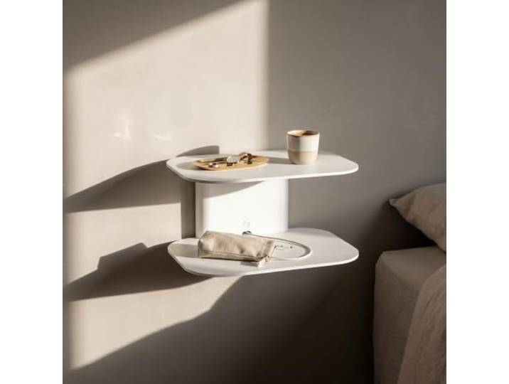 Nachttisch hängend ARCO, Metall Wandkonsole, 2 Ablagen, Kabelführung (Weiß) Platzsparende Wandablage ohne Stellfläche am Boden, pulverbeschichtet, für Schlaf- und Kinderzimmer, Flur und Wohnraum.
