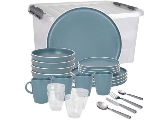 BRUNNER Melamin Geschirr-Set Camping 36-tlg DOLOMIT All Inclusive Stapelbar Antislip (Antirutsch), 2-4 Personen, wie Steingut (StoneTouch), Bruchfest, Teller Besteck & Becher, Wohnmobil Wohnwagen Boot