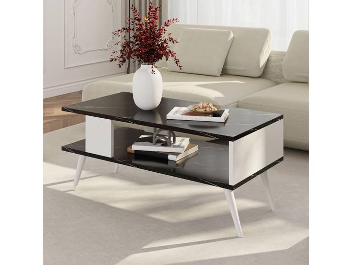 Couchtisch Lycksele Beistelltisch Wohnzimmertisch mit Stauraum rechteckig schwarze Marmor-Optik Weiß mit unterer Ablage Sofatisch