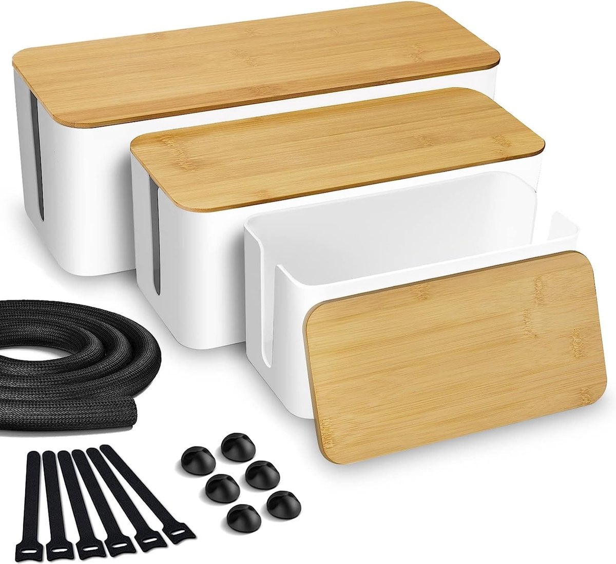 Set van 3 Kabelboxen Wit met Bamboe Deksel - Kabelmanagement Organizer van ABS Kunststof voor Bureau - Large, Medium & Small