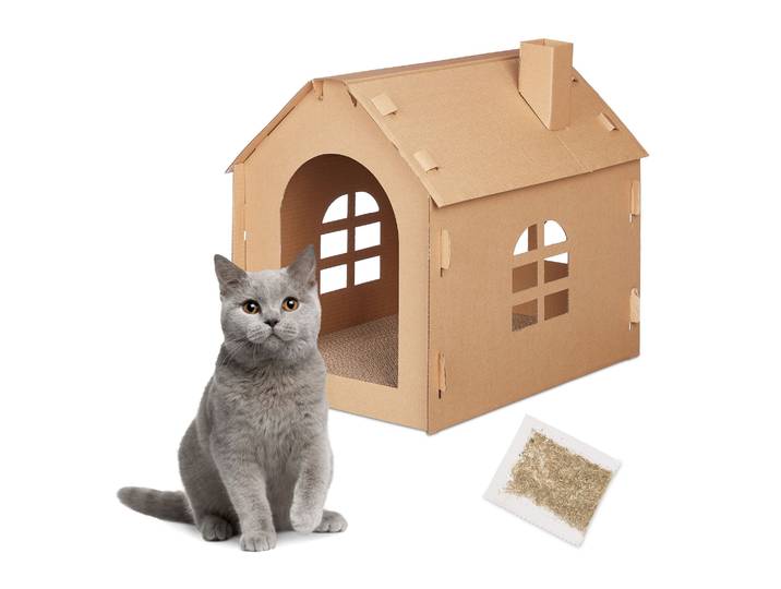 Maison Carton Chat\, Niche Avec Griffoir\, À Construire\, Herbe-aux-chats Incluse\, 46 X 36\,5 X 42\,5 Cm\, Marron - Relaxdays