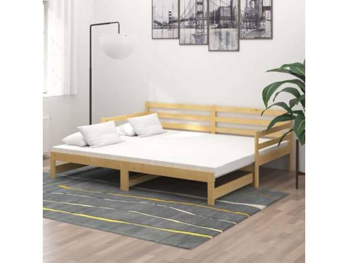 KGHFDVB Bett 203 x 183 x 69 cm aus Kiefernholz Natur Massives Massives Kiefernholz unbehandelt, ausziehbar als Sofa und Bett, für Gästezimmer und Wohnzimmer, 2 Matratzen
