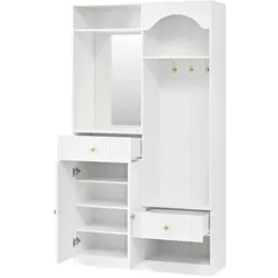 MODFU Kompaktgarderobe MDF Weiß mit Spiegel, Sitzbank, Stauraum und LED-Beleuchtung, 100 x 35 x 180 cm