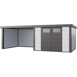 Telluria Metallgerätehaus Classico 3330 mit Lounge Anbau (ca. 344 cm Breite) weiß Lounge-Anbau links