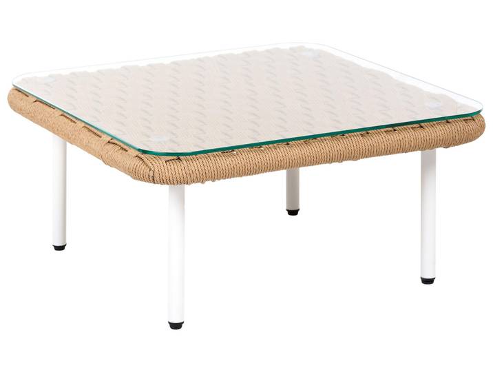 BELIANI Couchtisch Hellbraun Stahl mit Glasplatte Rattangeflecht Quadratisch 60x60 cm Boho Outdoor Modul Loungetisch für Balkon Terrasse Garten