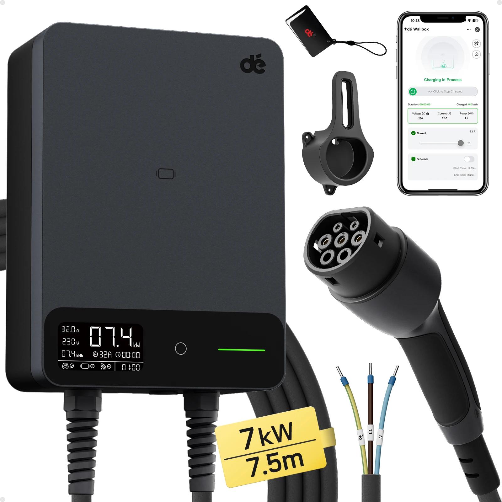 Wallbox Typ 2 Elektroauto-Ladestation - 7,4 kW 32 A Einphasig - App-Steuerung - RFID - 7,5-m-Kabel - Schwarz