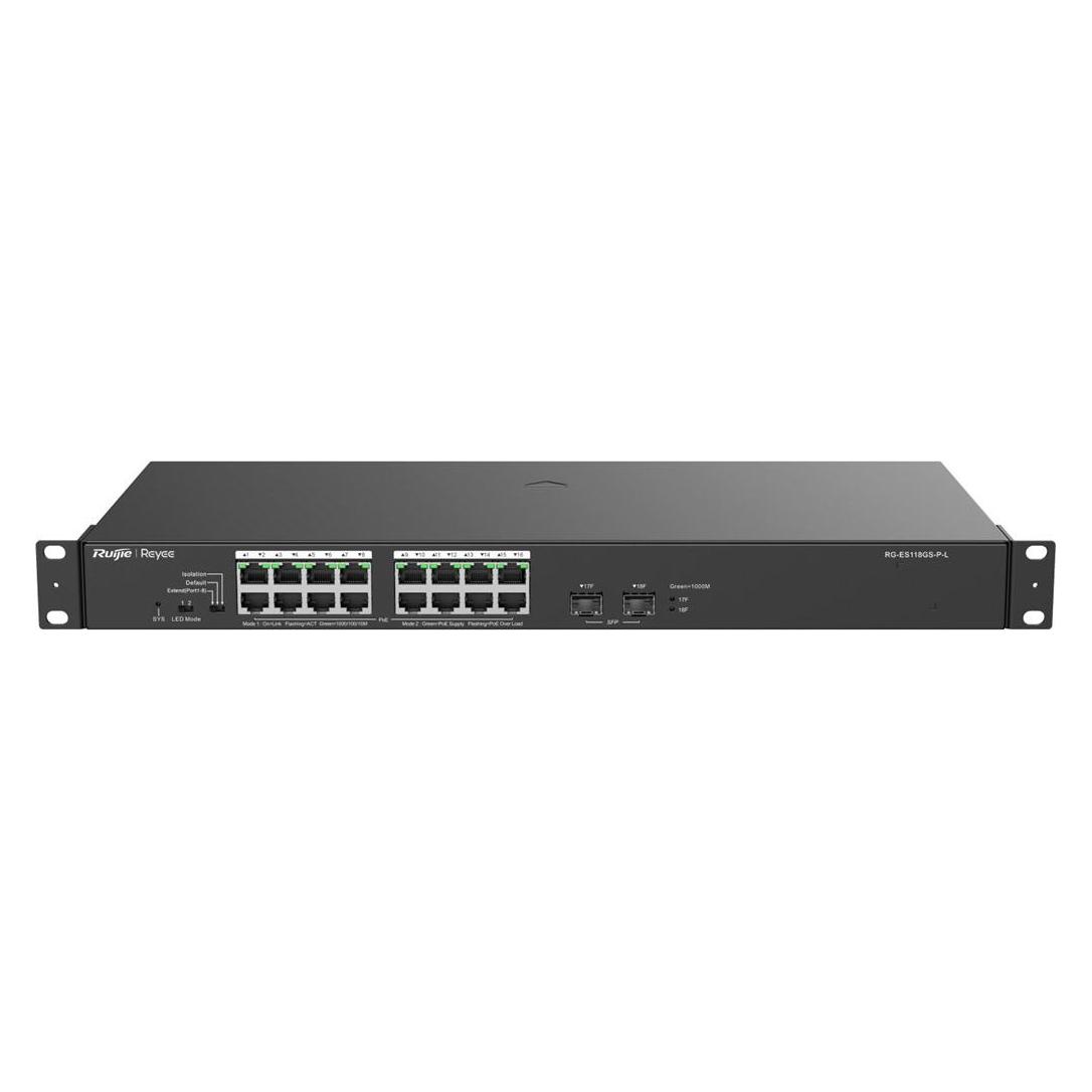 Ruijie 16-Port 1000Mbps + 2 Gigabit SFP Ports, 16 of the ports support PoE/PoE+ power supply. Max PoE power (18 Ports) (RG-ES118GS-P-L)
