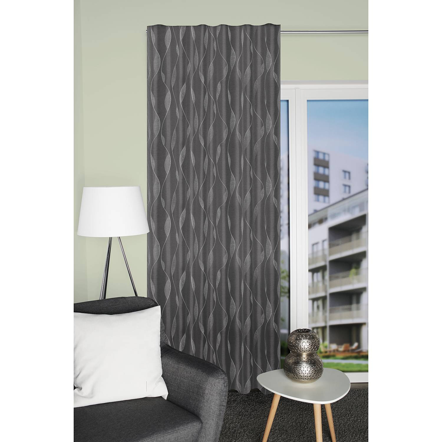 home24 Gordijn Noche Verduisterend Grafisch Patroon Antraciet Grijs Wit B: 140 cm, H: 245 cm