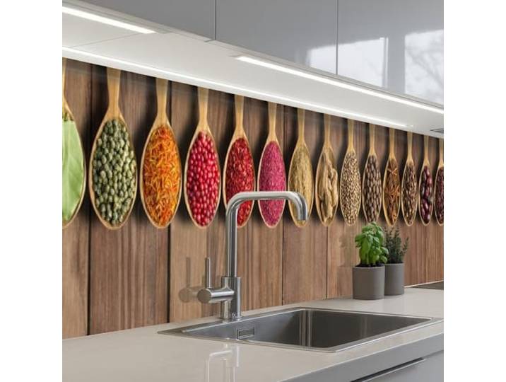 KitchenYeah© Spritzschutz Küchenrückwand Selbstklebend Küche Rückwand 60x500 cm - Küchenwand Wand Küchenfront Verkleidung Küchenspritzschutz Löffel - Kräuter - Holz
