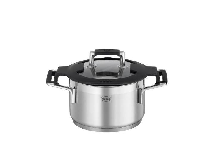 Rösle Kochtopf Silence Pro, Edelstahl, Metall, 1,9 L, Messskala, backofengeeignet, hitzebeständige Griffe, Abgießfunktion, mit Silikongriffen,mit Dampfablass, Silikonring, backofengeeignet, Kochen, Töpfe, Kochtöpfe