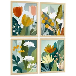 POSTER 4er-Set dekorative Badezimmerdrucke, moderne abstrakte florale Wandposter für Waschbecken, farbenfrohe nordische Dekoration Rahmenlos A3