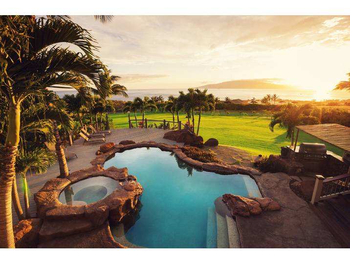 Fototapete PAPERMOON LUXUS-HAUS-POOL PALMEN WIESE STRAND MEER SONNE INSEL , bunt, B:2,5m L:1,86m, Vlies, Tapeten, Fototapete