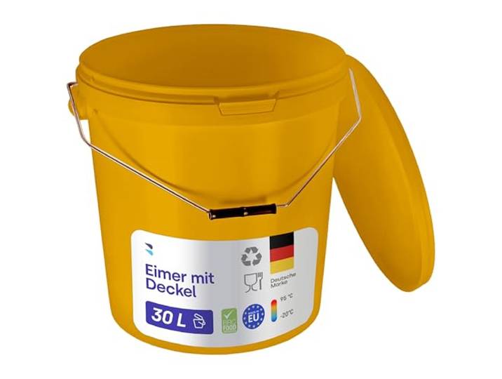 BenBow Eimer mit Deckel 30l gelb 20x 30 Liter - lebensmittelecht stabil luftdicht auslaufsicher geruchsneutral - Aufbewahrungsbehälter aus Kunststoff, Metalgriff - Rissfester Griff - leer