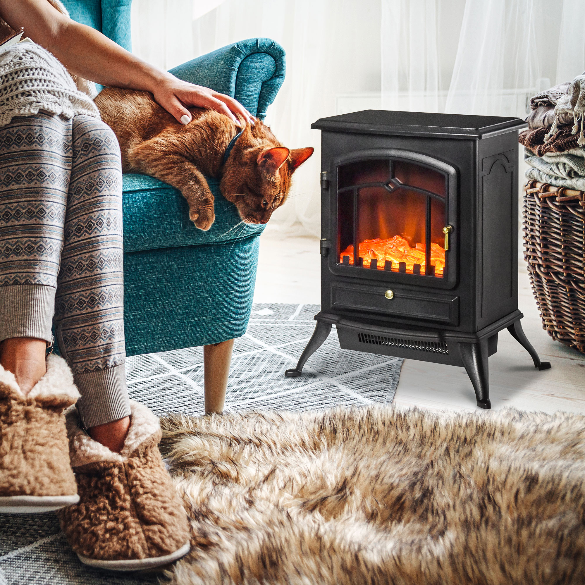 Homcom Camino Elettrico da Terra con Effetto Fiamma Potenza 1000W /2000W 45×28×54cm Nero Aosom