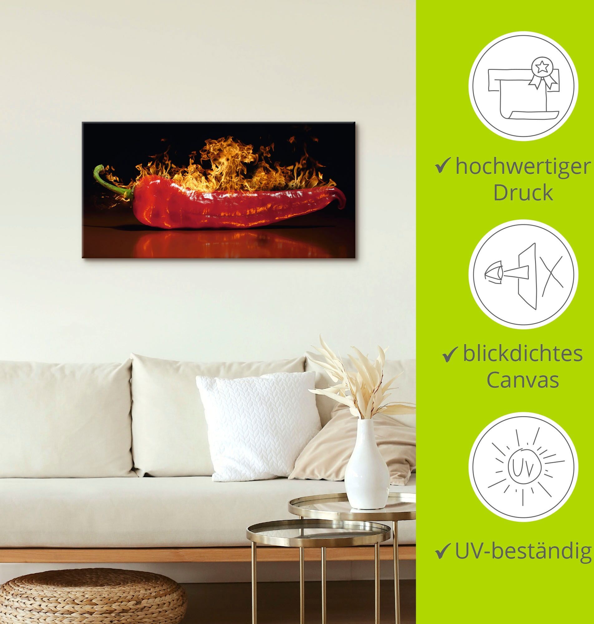 Wandbild ARTLAND "Roter scharfer Chilipfeffer", rot (farbe bild(er): rot), B:60cm H:30cm, Bilder, Wandbild, als Alubild, Leinwandbild in verschied. Grössen farbe bild(er): rot B/H/T: 60cm x 30cm, Leinwandbild Lebensmittel Querformat, 1 Stk.