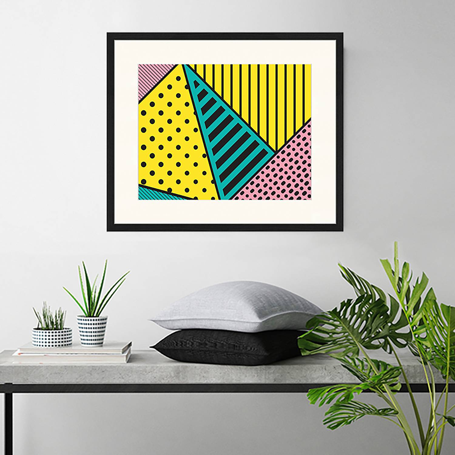 home24 Abstracte Afbeelding Pink Yellow & Green Frame - Massief Beukenhout - Multicolour - 62 x 52 cm