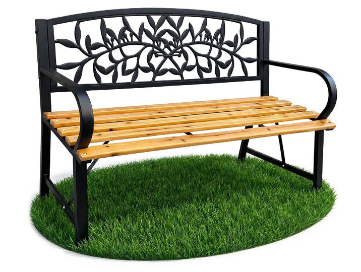Banc de Jardin Noir REO avec Bois laqué et Pieds en Acier\, Largeur 118 cm