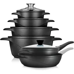 Briebe MGK1219 Kochtopf Set Induktions 12-Teilig Aluminiumguss 4 Kochtöpfen  2 Bratpfanne, Schwarz