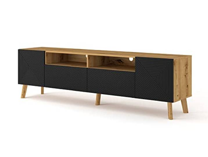 BIM Furniture LUXI Lowboard 195 cm Eiche Artisan, Fronten Schwarz Matt Gefräst MDF, Beine aus Massivholz, Sideboard TV Tisch Kommode