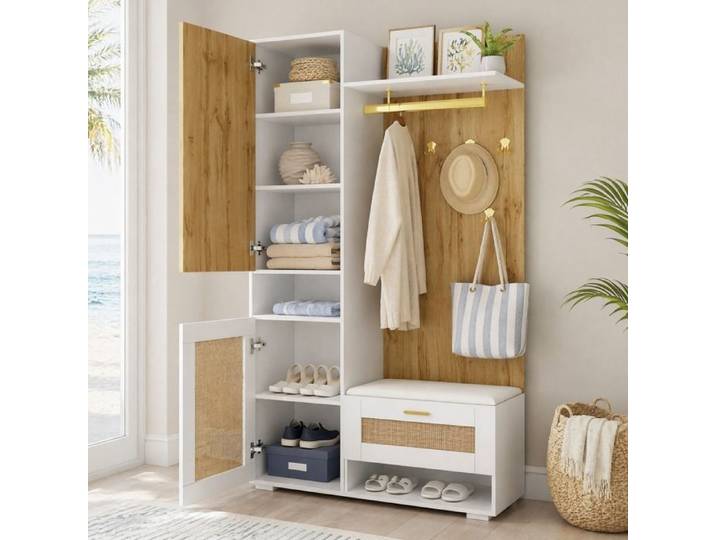 Meuble d'entrée vestiaire 110x38x190 cm avec miroir crochets dorés LED 16 couleurs banquette bois blanc FOLYNA
