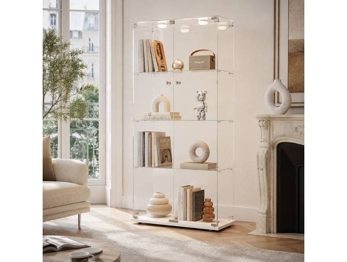 Vitrine En Verre Avec Éclairage Led Et Serrure De Sécurité\, Vitrine Armoire 4 Étagères 2 Portes\, Verre Trempé\, Blanc