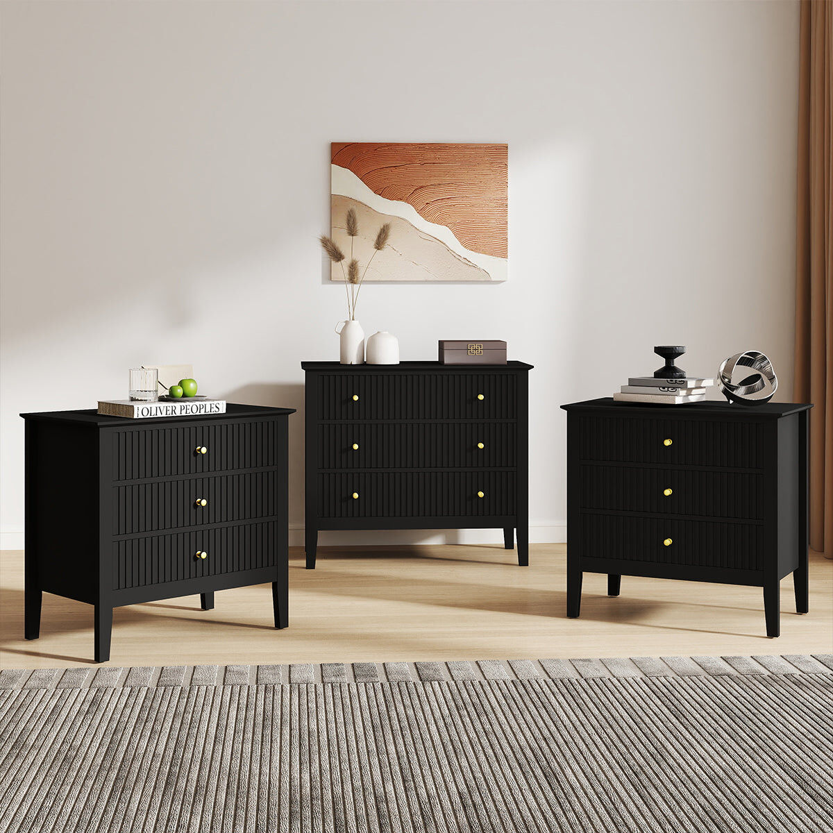 Wide 3 Drawer Chest of Drawers and Pair of Large Bedside Tables - Hales Black Range Manufactured Wood, Metal