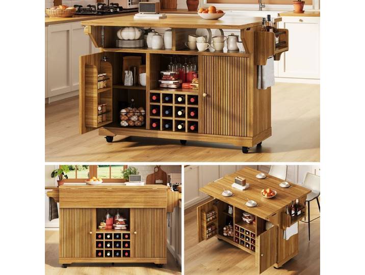 Desserte cuisine avec roulettes - Desserte cuisine avec rangement - désert de cuisine – îlot à ailes extensible – Marron