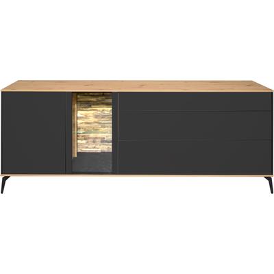 Lowboard MÄUSBACHER, grau (anthrazit matt lack, asteiche), B:207cm H:78cm T:42cm, Sideboards, Lowboard, Faro Lowboard B 207 cm, inkl. Beleuchtung, Push to open, Metallfüße