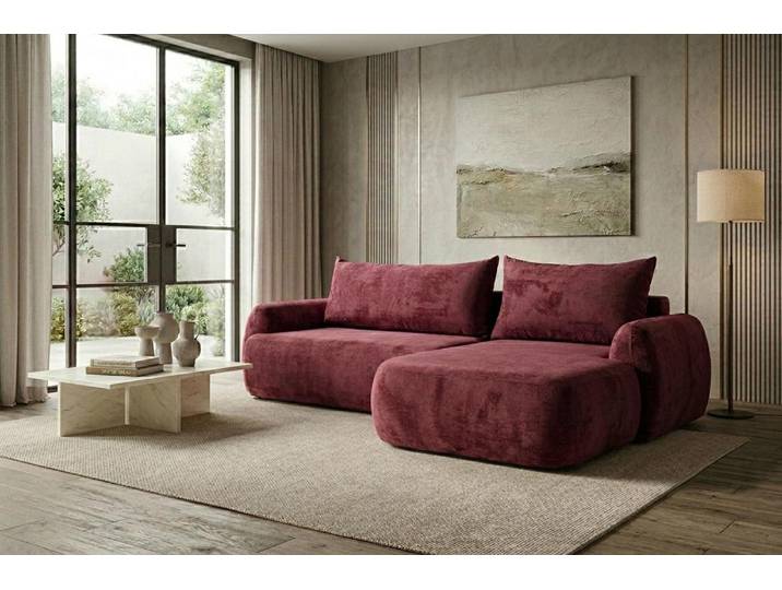 Kaiser Möbel Ecksofa mit Schlaffunktion und Bettkasten, Chenille-Stoff Perfecto, Rotwein, Rechts, HELA II