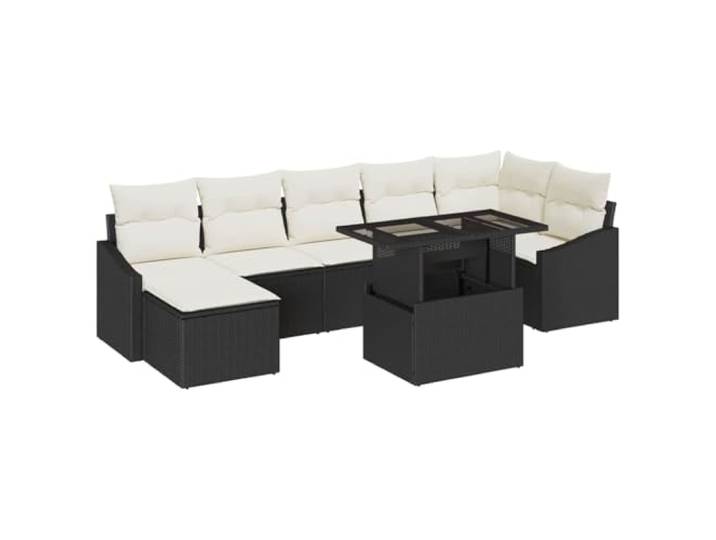 8er Set Gartensofas Polyrattan Schwarz Creme mit Kissen Modularer Sitz, Eckbank, Sofa, Beistelltisch, Hocker, Polyrattan, pulverbeschichteter Stahl, Reißverschluss, verstellbar
