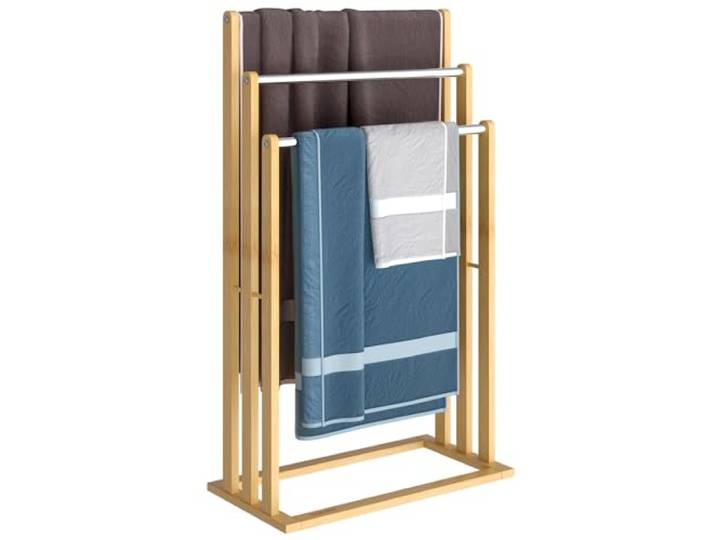 Casaria handdoekhouder bamboe staand 3 RVS stangen badkamer hout 46 x 24 x 84cm