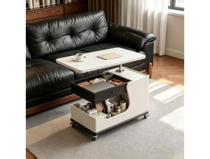 HLDJYLZS Couchtisch, Höhenverstellbarer Couchtisch, Mobiler Beistelltisch Couchtisch Höhenverstellbar, Drehbarer Couchtisch, Mobiler Beistelltisch, Stauraum, Ablage, Wohnzimmer