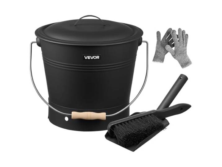 VEVOR Seau à cendres\, 4 pièces\, seau à charbon de bois et cendrier en métal avec couvercle\, pelle\, balai et gants\, grande capacité de 9\,8 L pour cheminée\, foyers\, poêles à bois\, intérieur et extérieur