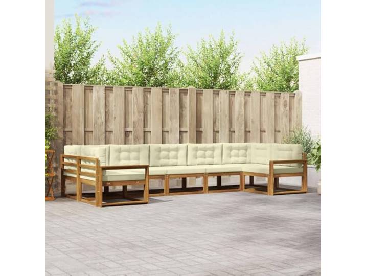 RJPLMFV Außensofa-Set, Akazie, 7-teilig, Naturbraun Massivholz, ergonomische Rückenlehne, bequeme Armlehnen, robuster Lattenrahmen, einfache Montage