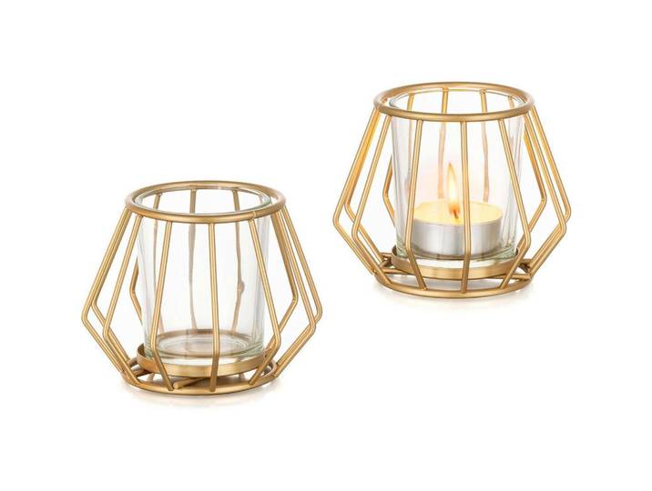 Teelichthalter 2er Set Metall Gold Geometrisch, Goldfarben, 9 cm, Dekoration, Kerzen & Kerzenhalter, Teelichthalter