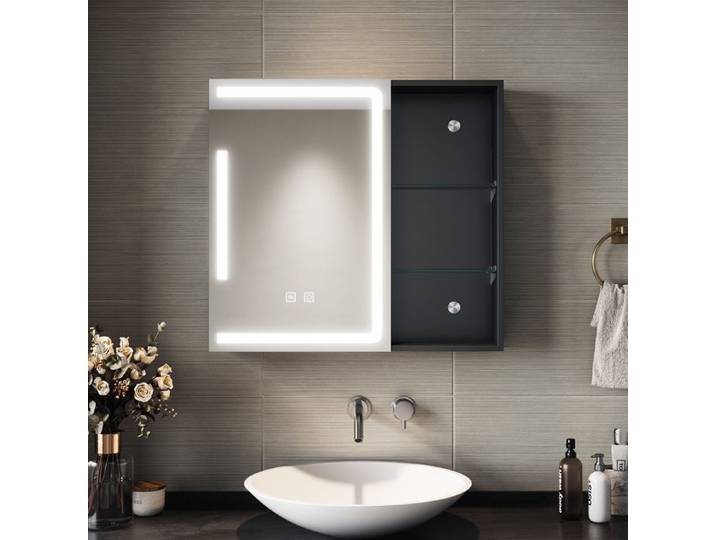 SIRHONA Armoire Miroir Salle de Bain Noir 65x60x13cm Anti-buée Tactile Miroir avec Armoire de Rangement