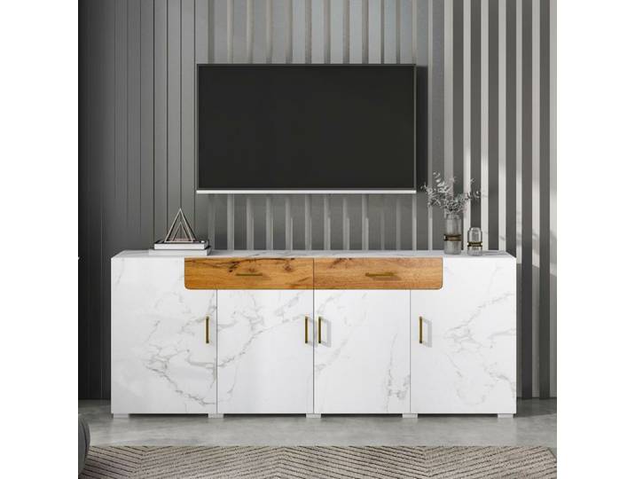 ELVMI Buffet - Buffet Moderne 4 Portes et 2 Tiroirs Meuble de Rangement pour Salon Effet Marbre Blanc 208x39 5x80 cm