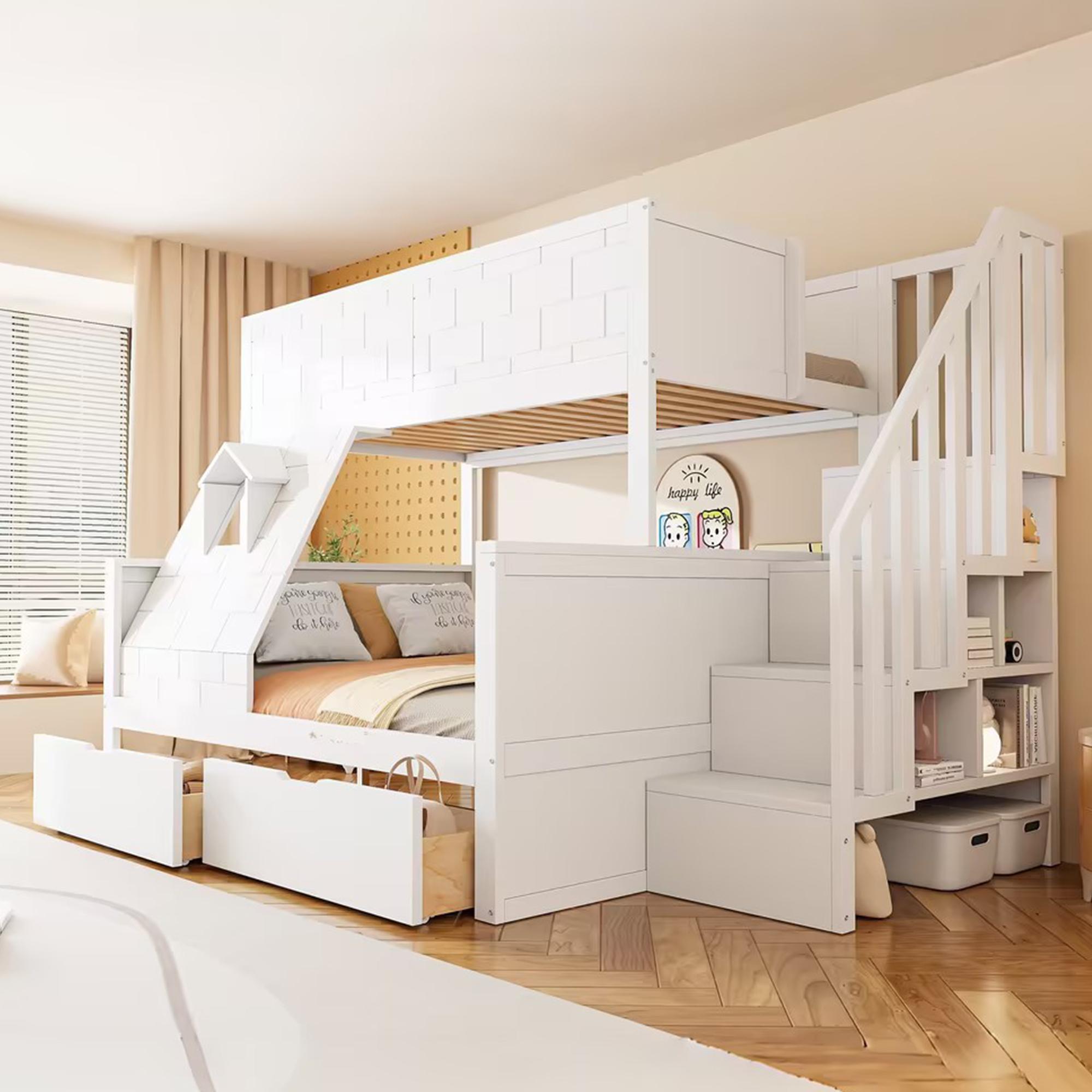 Zerbaco Etagenbett 90x200 cm oben und 140x200 cm unten, Doppelbett und Doppelbett mit Sicherheitsleiter, Schubladen und Fenster, stabiler Massivholzrahmen, Weiß