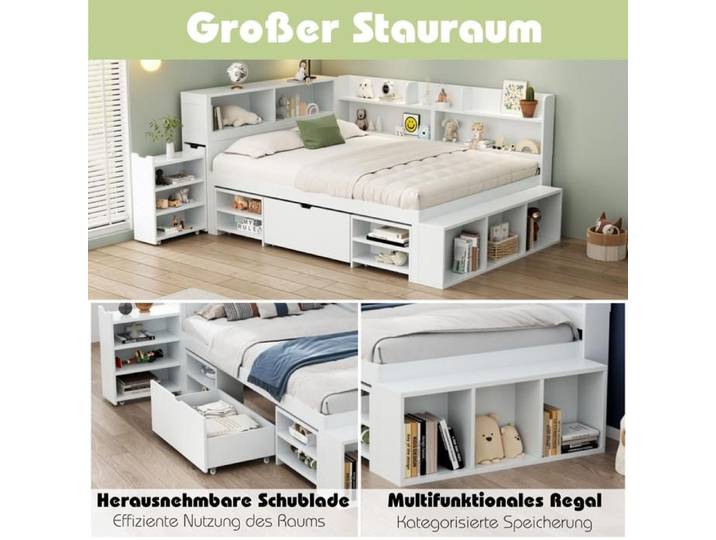 Lit Simple Rembourré 90x200 cm avec Sommier à Lattes Lit Enfant avec Tiroirs Lit 1 Personne Blanc