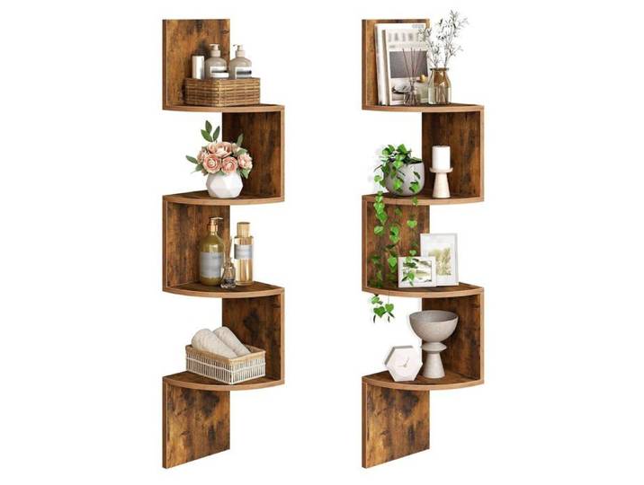 Étagère murale d'angle lot de 2 - 4 niveaux zigzag rustique marron gain de place salon