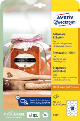 Avery® Zweckform Etiketten 5087, Format A4, ablösbar, druckergeeignet, 63,5 x 42,3 mm, 10 Bogen mit 180 Stück, FSC®-Papier, oval, weiß