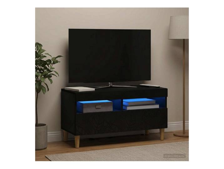 furnicato TV-Schrank LED TV Schrank Massivholz Schwarz (1-St) Beleuchtetes Lowboard mit USB-Anschluss und reversiblen Türen